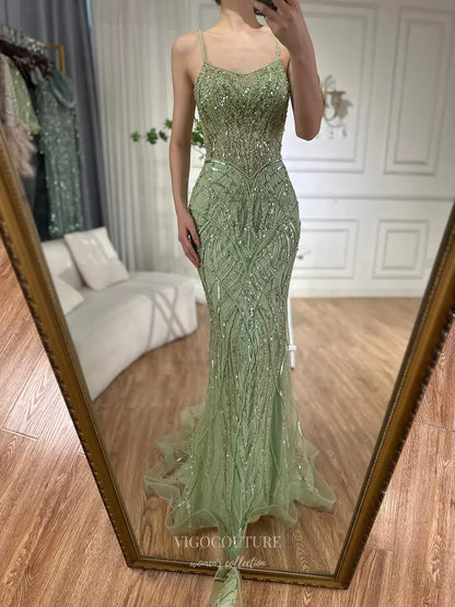Prom Dresses 2025 to impress Spaghetti Strap Glitter Embellished Mermaid Gown with Train – Style 25332-vigocouture-Green-2-vigocouture