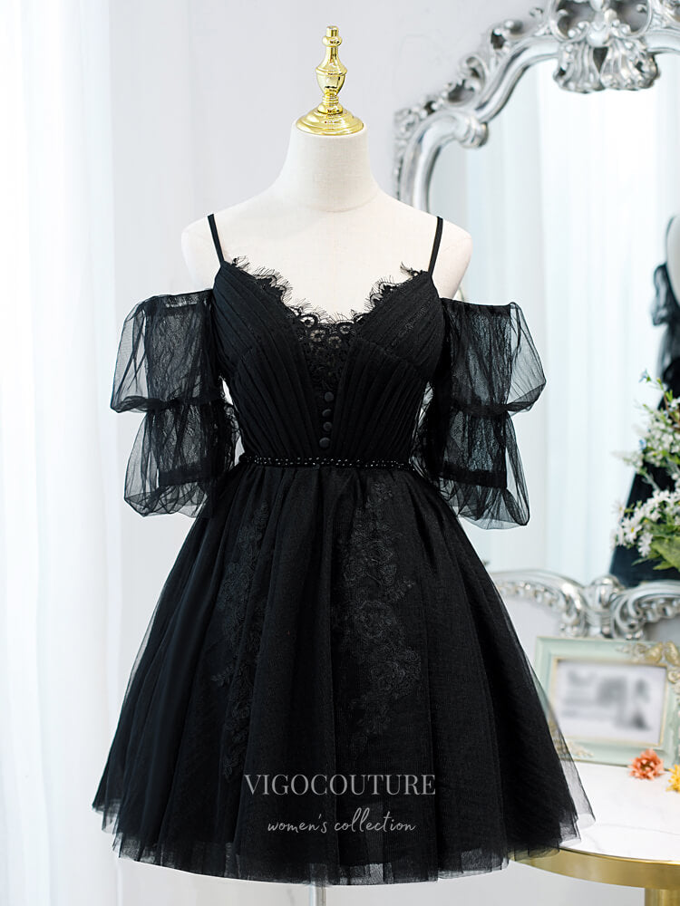 Short Prom Dresses 2025 Spaghetti Strap Homecoming Dresses Lace Applique Dama Dresses hc128-Prom Dresses-vigocouture-Black-US2-vigocouture