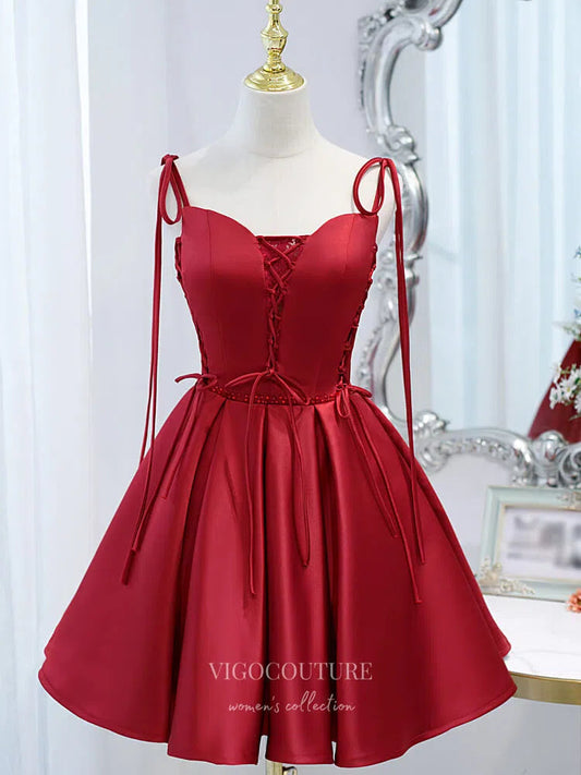 Short Prom Dresses 2025 Spaghetti Strap Homecoming Dresses Satin Dama Dresses hc129-Prom Dresses-vigocouture-Burgundy-US2-vigocouture