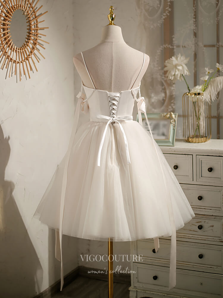 dama dresses champagne Champagne Spaghetti Straps V-Neck Tulle Short Homecoming Dress with Bow Champagne / 8