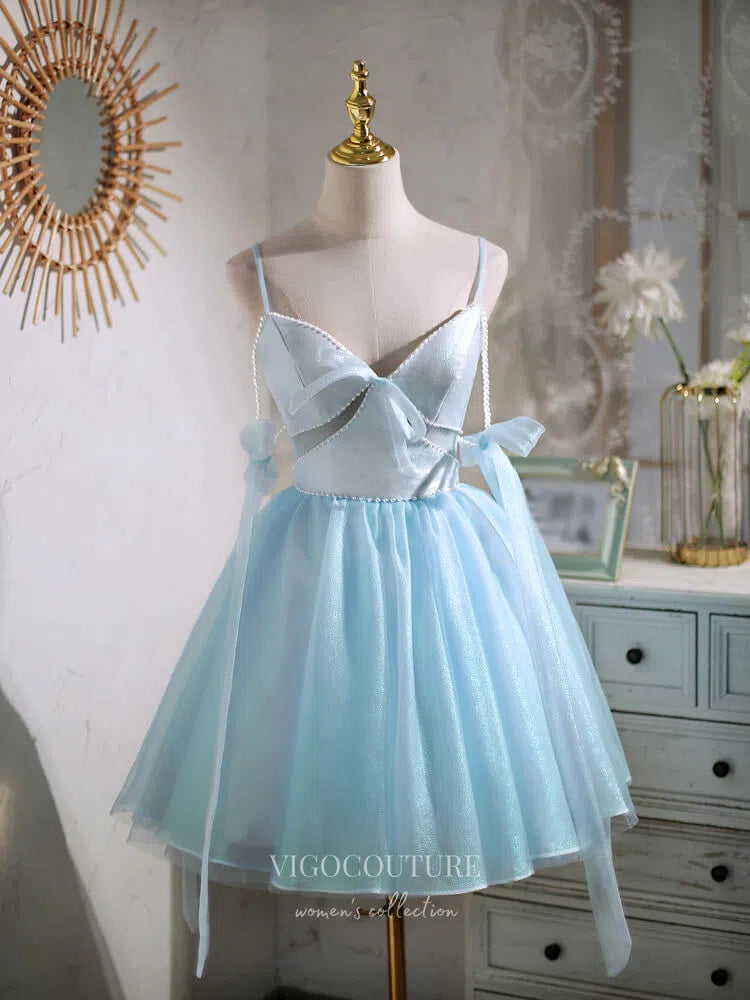 Short Prom Dresses 2025 Spaghetti Strap Homecoming Dresses Sparkly Tulle Dama Dresses hc145-Prom Dresses-vigocouture-Light Blue-US2-vigocouture