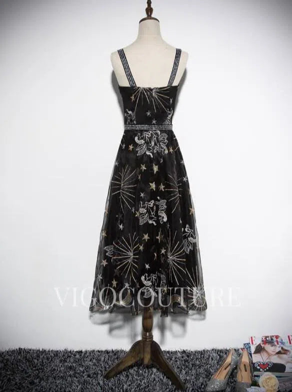 Spaghetti Strap Lace Prom Dress 2022 Mid-length A-line Dress vigocouture Spaghetti Strap Lace Prom Dress 2022 Mid-length A-line Dress vigocouture