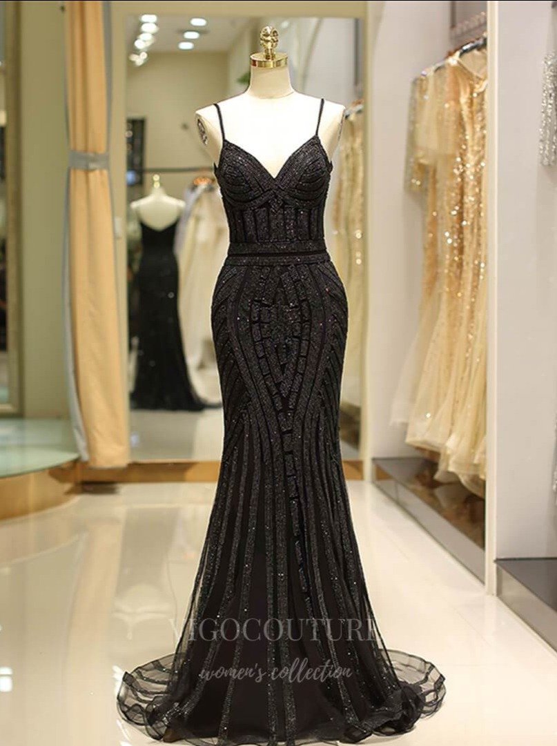 Prom Dress 2025 Spaghetti Strap Mermaid Beaded Prom Dress 20287-unique elegant Prom Dresses-Black-US2-vigocouture