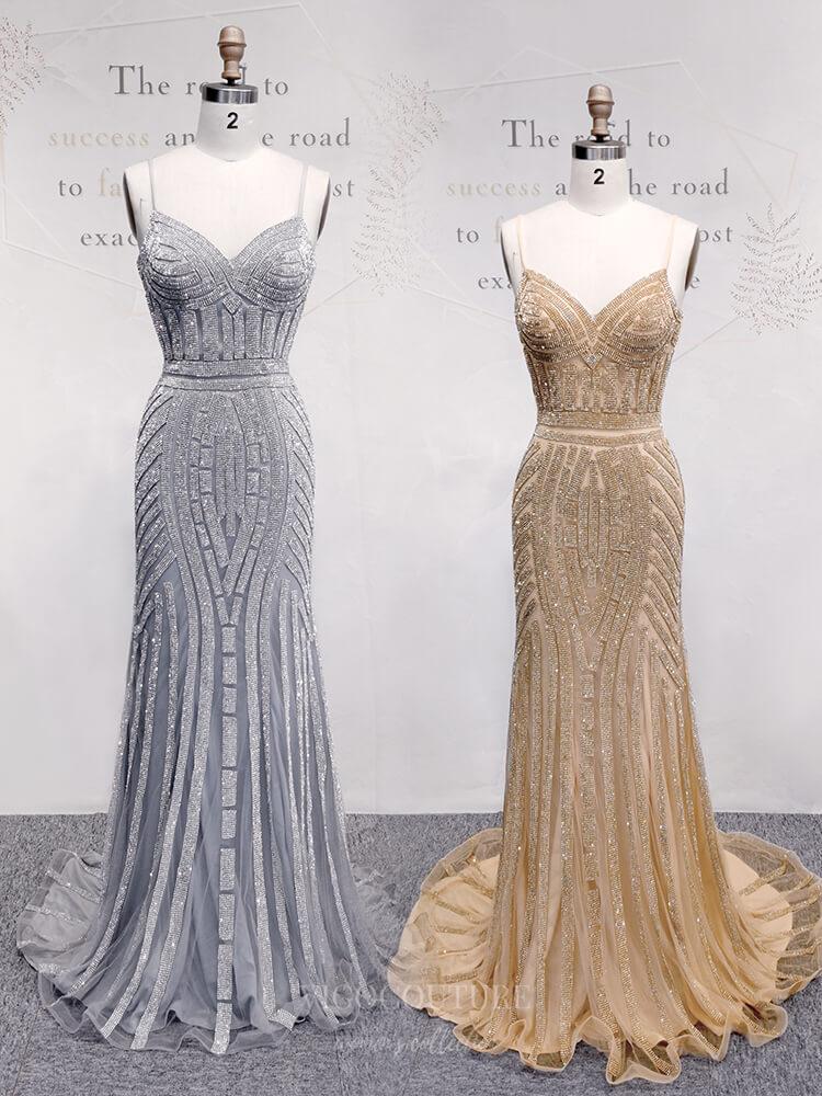 Prom Dress 2025 Spaghetti Strap Mermaid Beaded Prom Dress 20287-unique elegant Prom Dresses-Champagne-US2-vigocouture