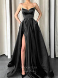 Prom Dress 2025 Spaghetti Strap Mocha Prom Dresses With Slit Satin A-Line Evening Dress 21810-unique elegant Prom Dresses-Black-US2-vigocouture