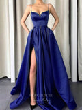 Prom Dress 2025 Spaghetti Strap Mocha Prom Dresses With Slit Satin A-Line Evening Dress 21810-unique elegant Prom Dresses-Blue-US2-vigocouture