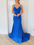 Prom Dress 2025 Spaghetti Strap Satin Prom Dresses Mermaid V-Neck Formal Dresses 21545-unique elegant Prom Dresses-Blue-US2-vigocouture