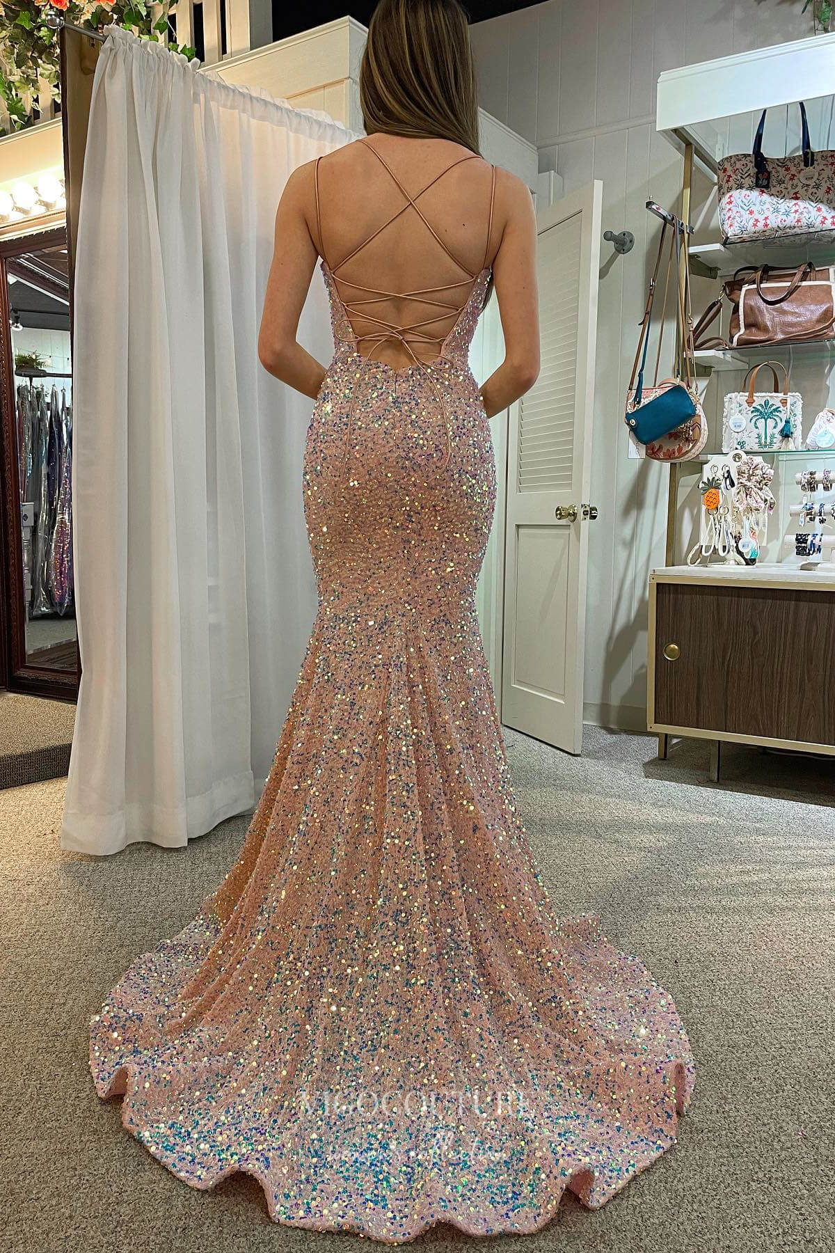 Sparkle Blush Sequin Mermaid Prom Dress with Spaghetti Strap and Corset Back 22210 Blush / US2 Sparkle Blush Sequin Mermaid Prom Dress with Spaghetti Strap and Corset Back 22210 Blush / US2