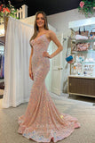 Prom Dress 2025 Sparkle Blush Sequin Mermaid Prom Dress with Spaghetti Strap and Corset Back 22210-unique elegant Prom Dresses-Blush-Custom Size-vigocouture