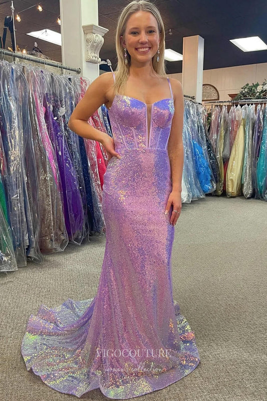 Prom Dress 2025 Sparkling Mermaid Sequin Prom Dress with Spaghetti Strap and Plunging V-Neck 22219-unique elegant Prom Dresses-Lavender-Custom Size-vigocouture