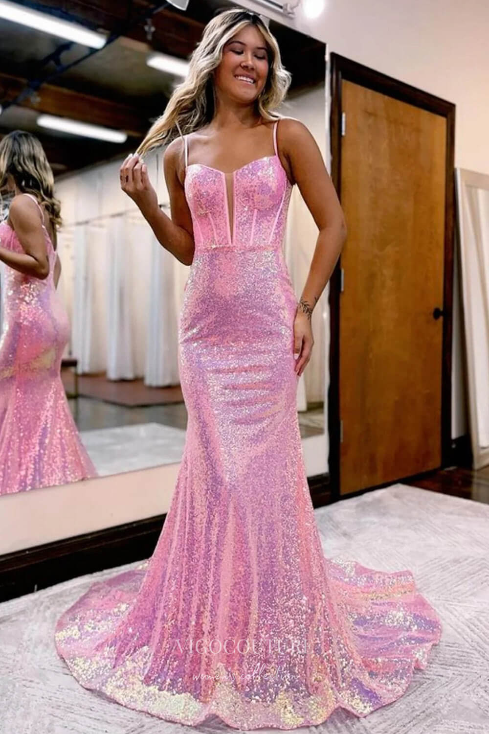 Sparkling Mermaid Sequin Prom Dress with Spaghetti Strap and Plunging V-Neck 22219 Pink / 22W Sparkling Mermaid Sequin Prom Dress with Spaghetti Strap and Plunging V-Neck 22219 Pink / 22W