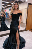 Prom Dress 2025 Sparkling Off-Shoulder Mermaid Prom Dress with Slit and Lace Applique Bodice - Elegant Satin Bottom 22188-unique elegant Prom Dresses-Black-Custom Size-vigocouture