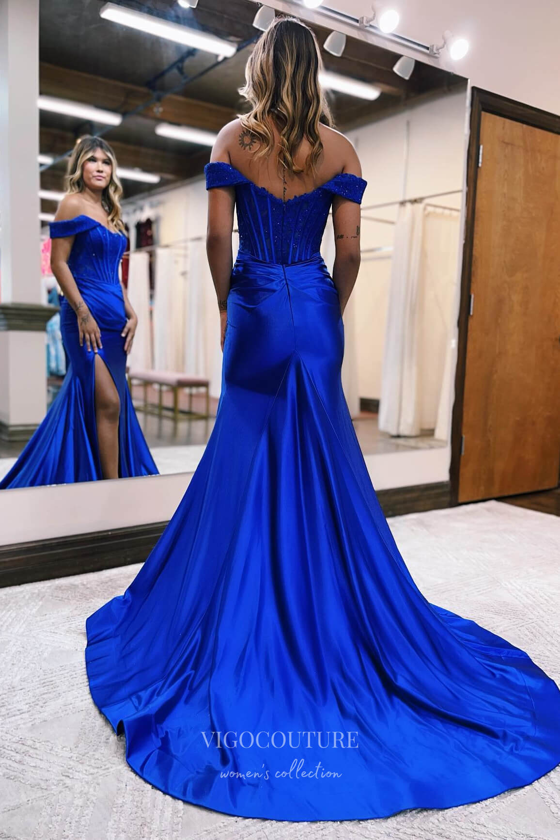 Prom Dress 2025 Sparkling Off-Shoulder Mermaid Prom Dress with Slit and Lace Applique Bodice - Elegant Satin Bottom 22188-unique elegant Prom Dresses-Blue-Custom Size-vigocouture