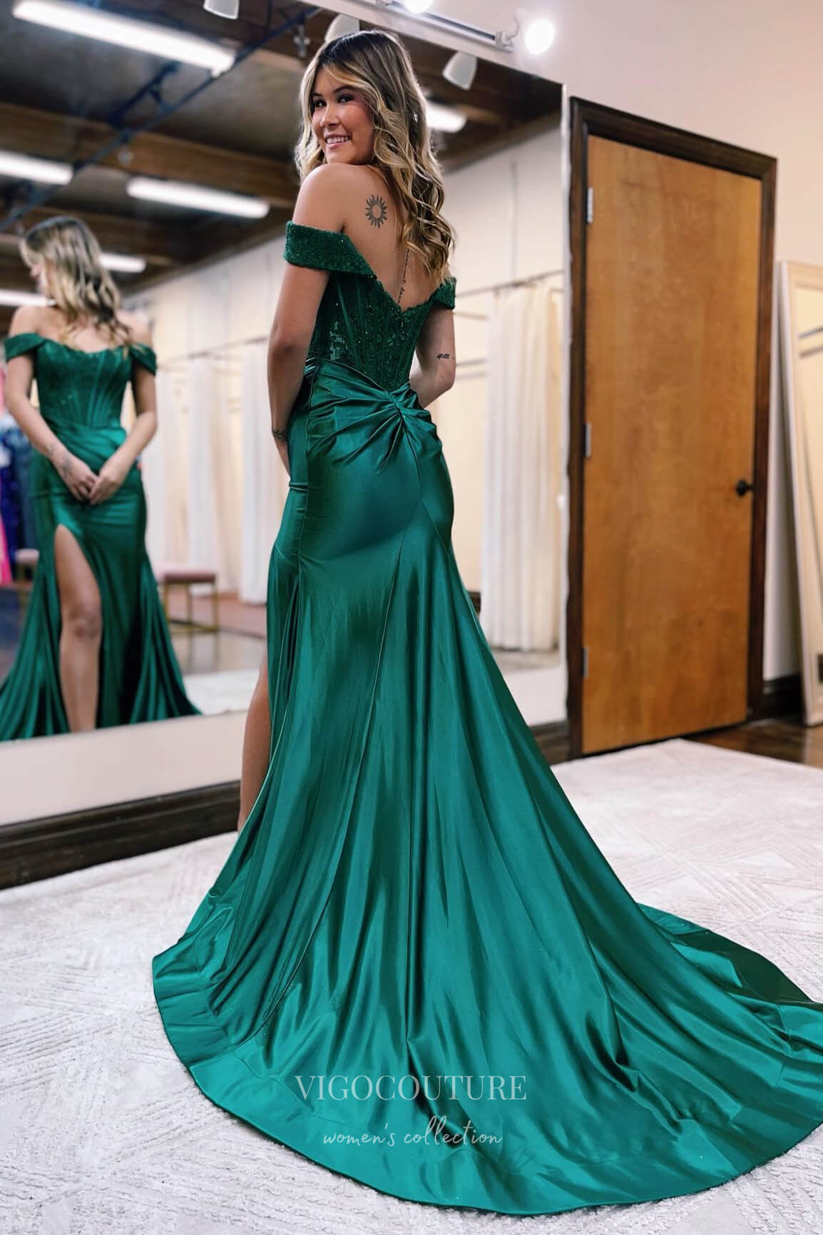 Sparkling Off-Shoulder Mermaid Prom Dress with Slit and Lace Applique vigocouture Sparkling Off-Shoulder Mermaid Prom Dress with Slit and Lace Applique vigocouture