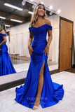 Prom Dress 2025 Sparkling Off-Shoulder Mermaid Prom Dress with Slit and Lace Applique Bodice - Elegant Satin Bottom 22188-unique elegant Prom Dresses-Blue-Custom Size-vigocouture