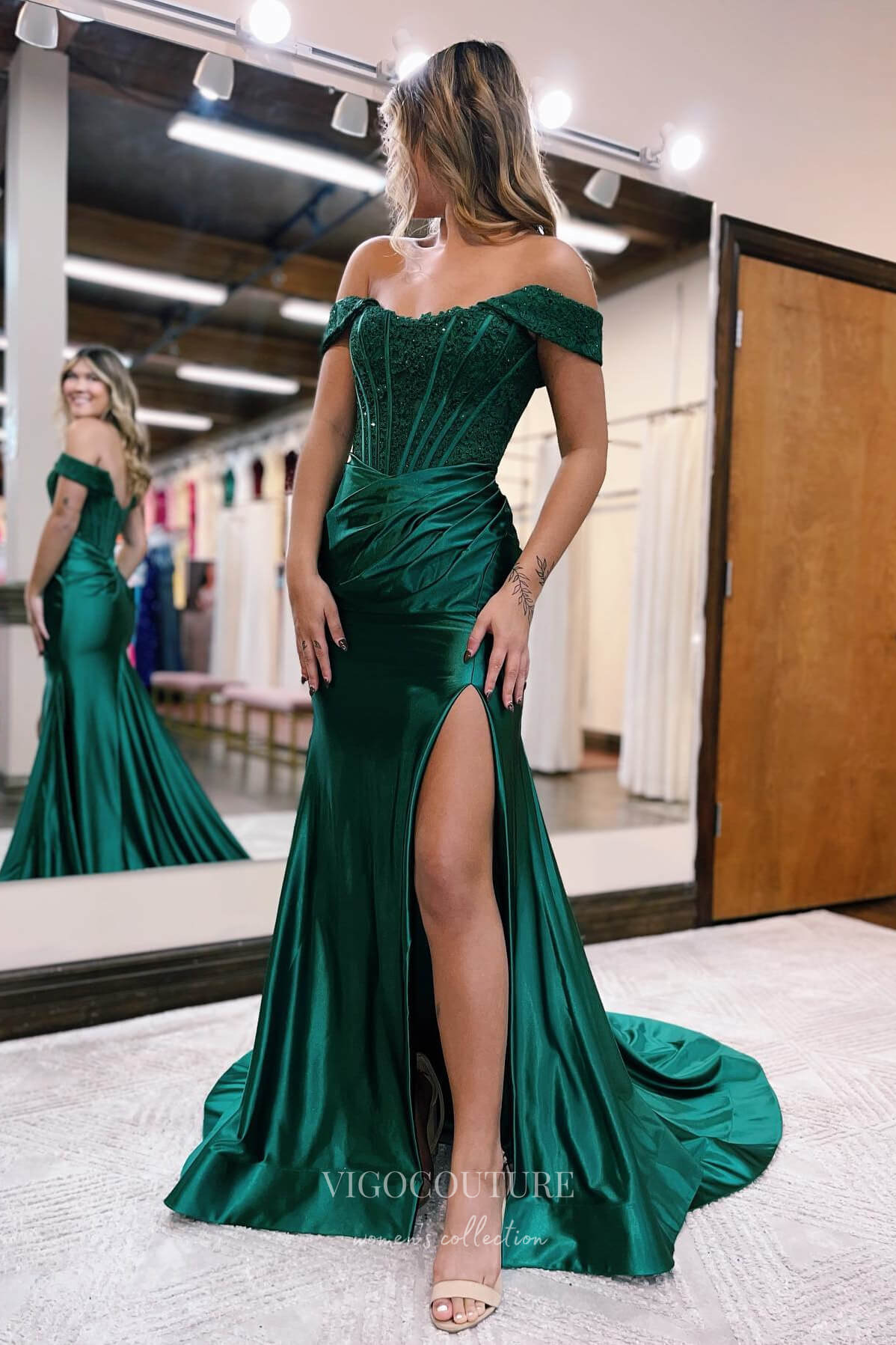 Prom Dress 2025 Sparkling Off-Shoulder Mermaid Prom Dress with Slit and Lace Applique Bodice - Elegant Satin Bottom 22188-unique elegant Prom Dresses-Green-Custom Size-vigocouture