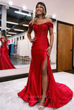 Prom Dress 2025 Sparkling Off-Shoulder Mermaid Prom Dress with Slit and Lace Applique Bodice - Elegant Satin Bottom 22188-unique elegant Prom Dresses-Red-Custom Size-vigocouture