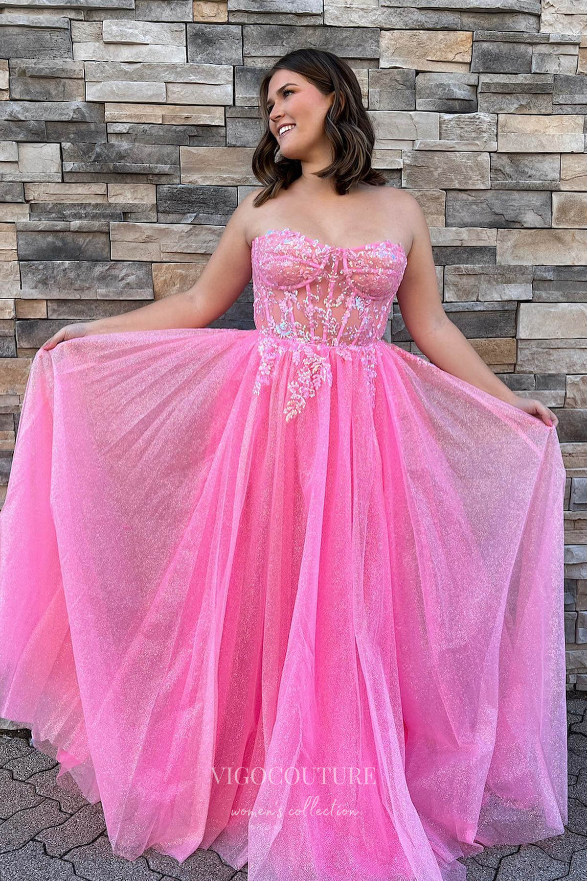 Prom Dress 2025 Sparkling Pink Strapless Prom Dress with Lace Applique Bodice and Slit 22194-unique elegant Prom Dresses-Pink-Custom Size-vigocouture