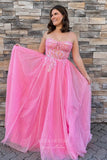 Prom Dress 2025 Sparkling Pink Strapless Prom Dress with Lace Applique Bodice and Slit 22194-unique elegant Prom Dresses-Pink-Custom Size-vigocouture