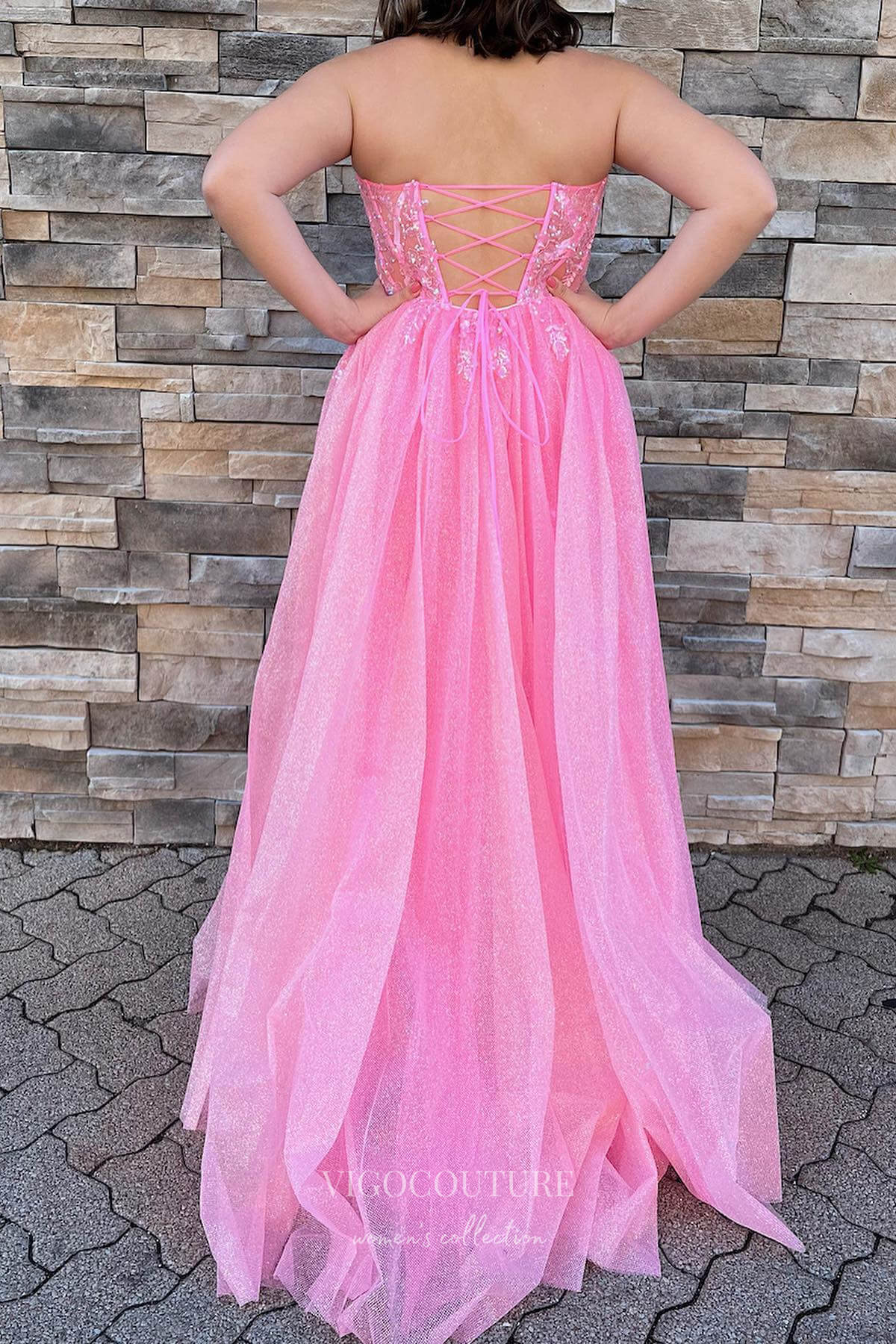 Prom Dress 2025 Sparkling Pink Strapless Prom Dress with Lace Applique Bodice and Slit 22194-unique elegant Prom Dresses-Pink-Custom Size-vigocouture