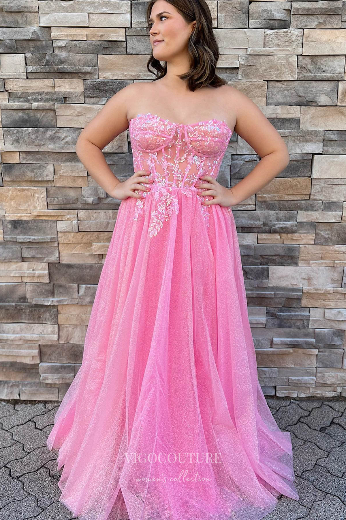 Prom Dress 2025 Sparkling Pink Strapless Prom Dress with Lace Applique Bodice and Slit 22194-unique elegant Prom Dresses-Pink-Custom Size-vigocouture