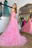 Prom Dress 2025 Sparkling Spaghetti Strap Prom Dress with Pleated Bodice and Ruffled Tulle Skirt 22222-unique elegant Prom Dresses-Pink-Custom Size-vigocouture