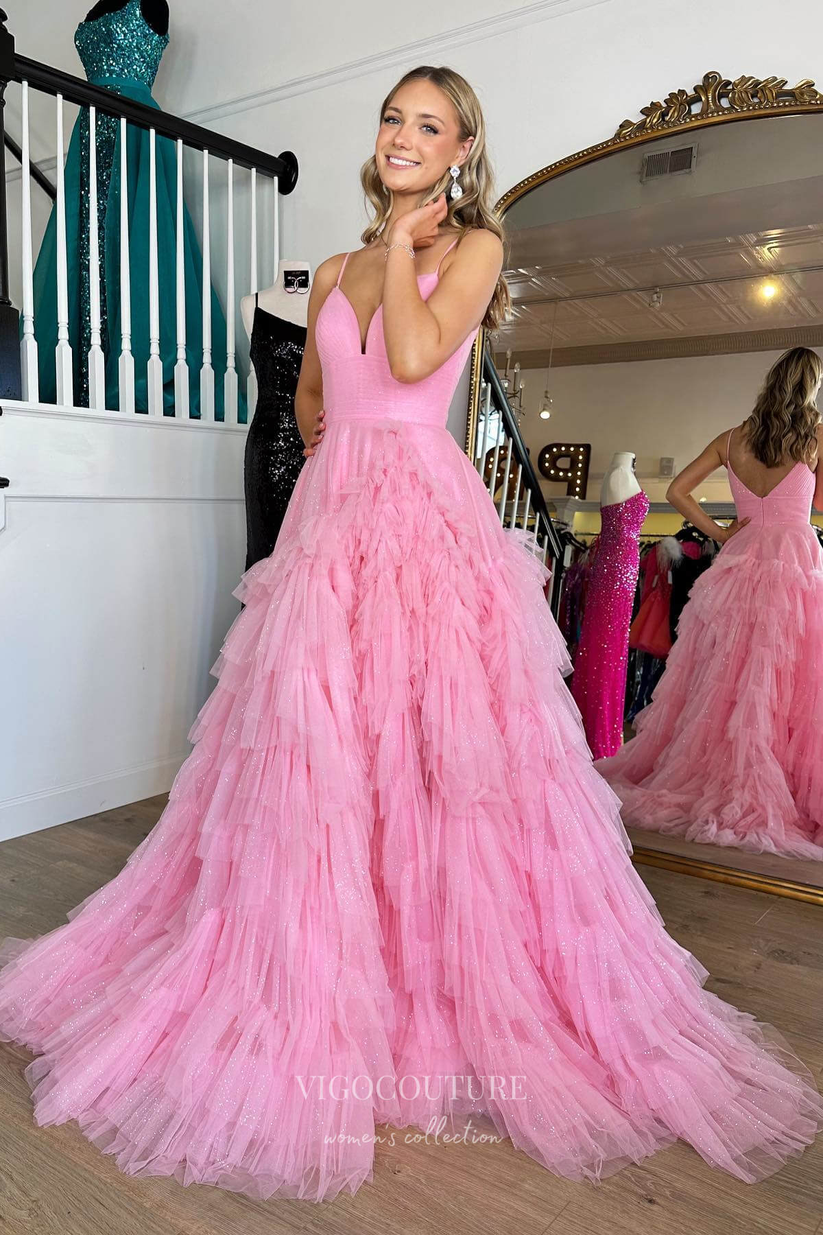 Prom Dress 2025 Sparkling Spaghetti Strap Prom Dress with Pleated Bodice and Ruffled Tulle Skirt 22222-unique elegant Prom Dresses-Pink-Custom Size-vigocouture