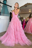 Prom Dress 2025 Sparkling Spaghetti Strap Prom Dress with Pleated Bodice and Ruffled Tulle Skirt 22222-unique elegant Prom Dresses-Pink-Custom Size-vigocouture