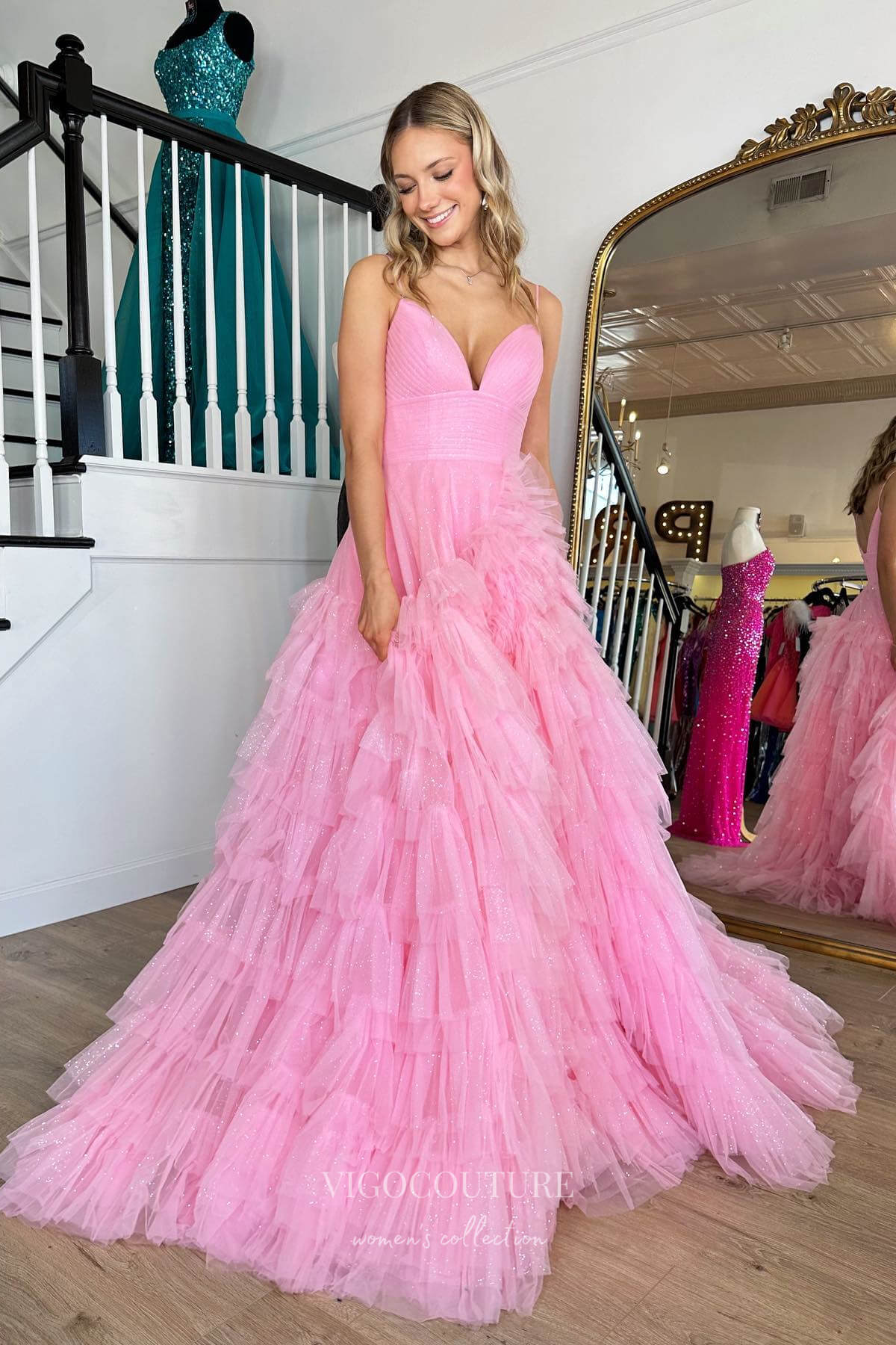 Prom Dress 2025 Sparkling Spaghetti Strap Prom Dress with Pleated Bodice and Ruffled Tulle Skirt 22222-unique elegant Prom Dresses-Pink-Custom Size-vigocouture