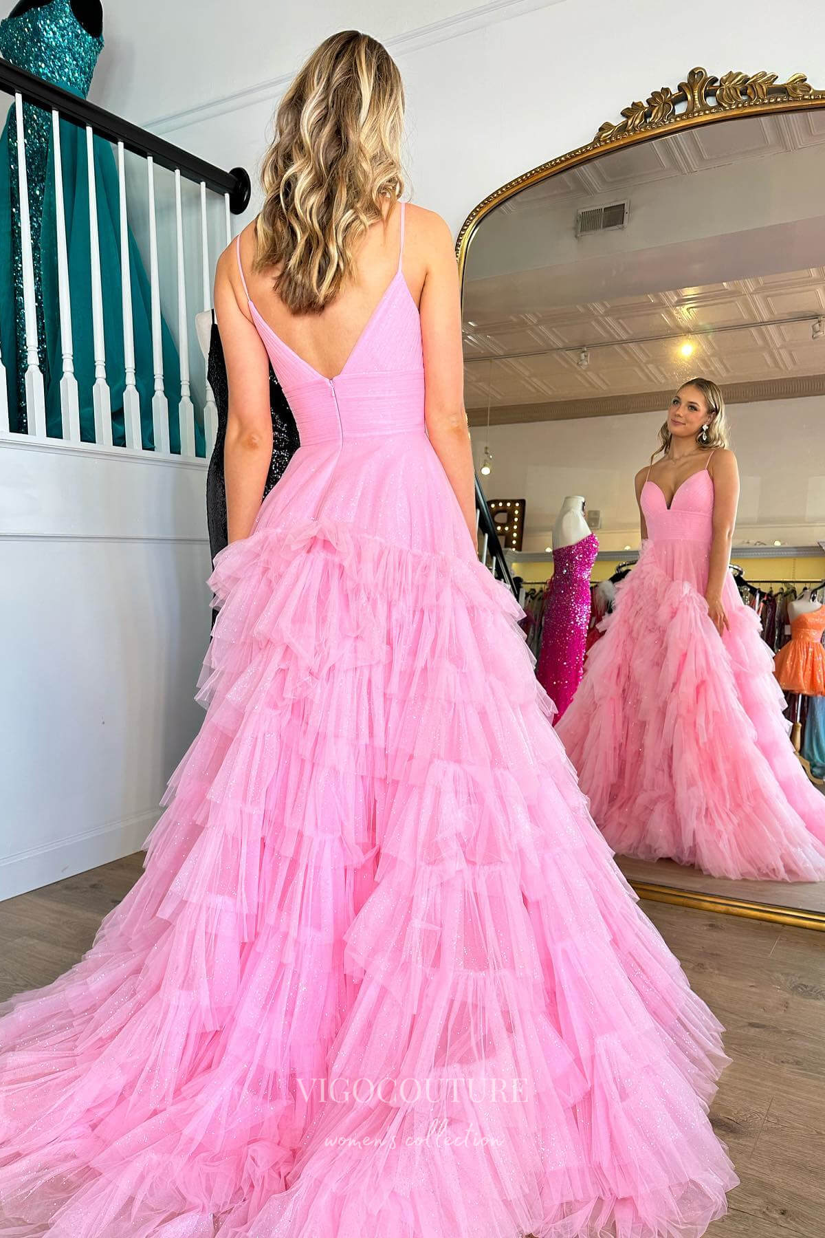 Prom Dress 2025 Sparkling Spaghetti Strap Prom Dress with Pleated Bodice and Ruffled Tulle Skirt 22222-unique elegant Prom Dresses-Pink-Custom Size-vigocouture