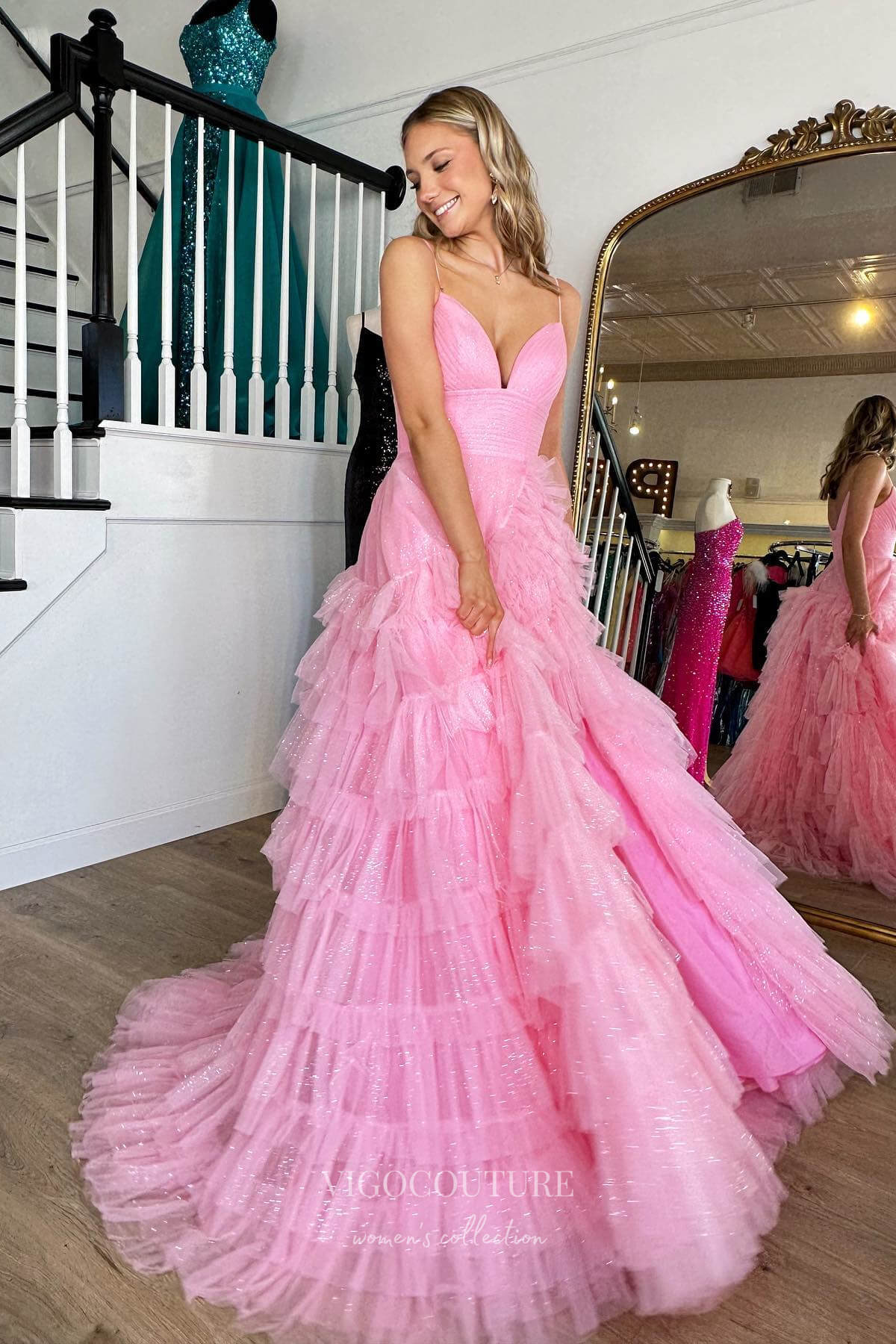 Prom Dress 2025 Sparkling Spaghetti Strap Prom Dress with Pleated Bodice and Ruffled Tulle Skirt 22222-unique elegant Prom Dresses-Pink-Custom Size-vigocouture