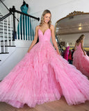 Prom Dress 2025 Sparkling Spaghetti Strap Prom Dress with Pleated Bodice and Ruffled Tulle Skirt 22222-unique elegant Prom Dresses-Pink-Custom Size-vigocouture