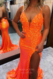 Prom Dress 2025 Sparkly 3D Flowers Mermaid Prom Dress with Slit Spaghetti Strap Sweetheart Neck Evening Dress 20836-unique elegant Prom Dresses-Orange-US2-vigocouture