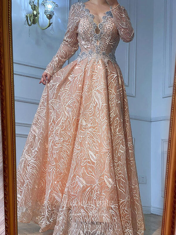 Prom Dress 2025 Sparkly Beaded Long Sleeve Prom Dresses Lace Applique Formal Dresses 21267-unique elegant Prom Dresses-Champagne-US2-vigocouture