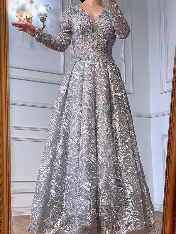 Sparkly Beaded Long Sleeve Prom Dresses Lace Applique Formal Dresses 2 vigocouture Sparkly Beaded Long Sleeve Prom Dresses Lace Applique Formal Dresses 2 vigocouture