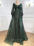 Prom Dress 2025 Sparkly Beaded Long Sleeve Prom Dresses Plunging V-Neck Formal Dresses 21272-unique elegant Prom Dresses-Green-US2-vigocouture