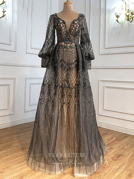 Prom Dress 2025 Sparkly Beaded Long Sleeve Prom Dresses Plunging V-Neck Formal Dresses 21272-unique elegant Prom Dresses-Grey-US2-vigocouture