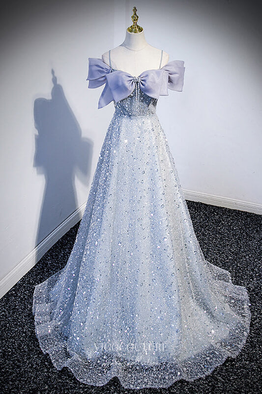 Prom Dress 2025 Sparkly Beaded Prom Dress with Spaghetti Strap and Bow-Tie 22262-unique elegant Prom Dresses-Grey-Custom Size-vigocouture