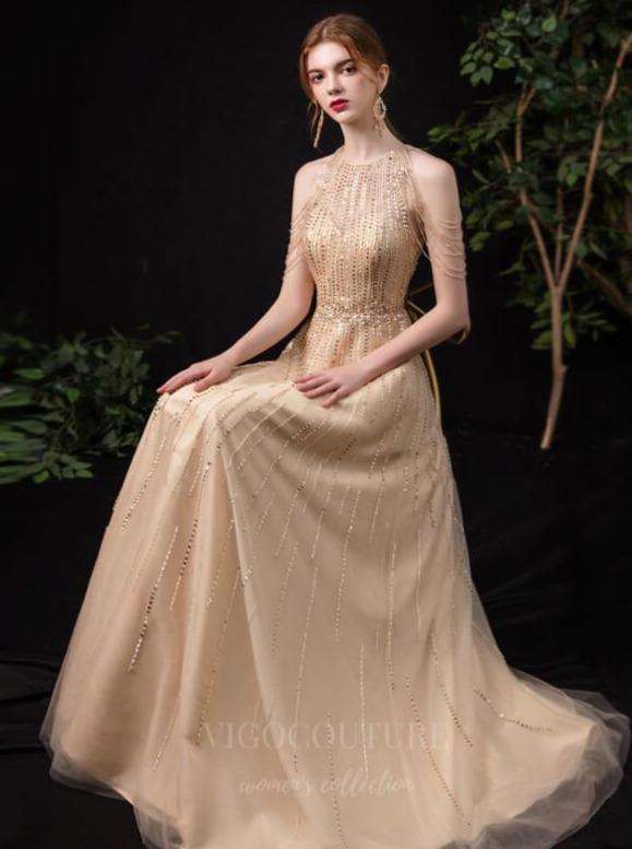 Prom Dress 2025 Sparkly Beaded String Prom Dress 20154-unique elegant Prom Dresses-Khaki-US2-vigocouture