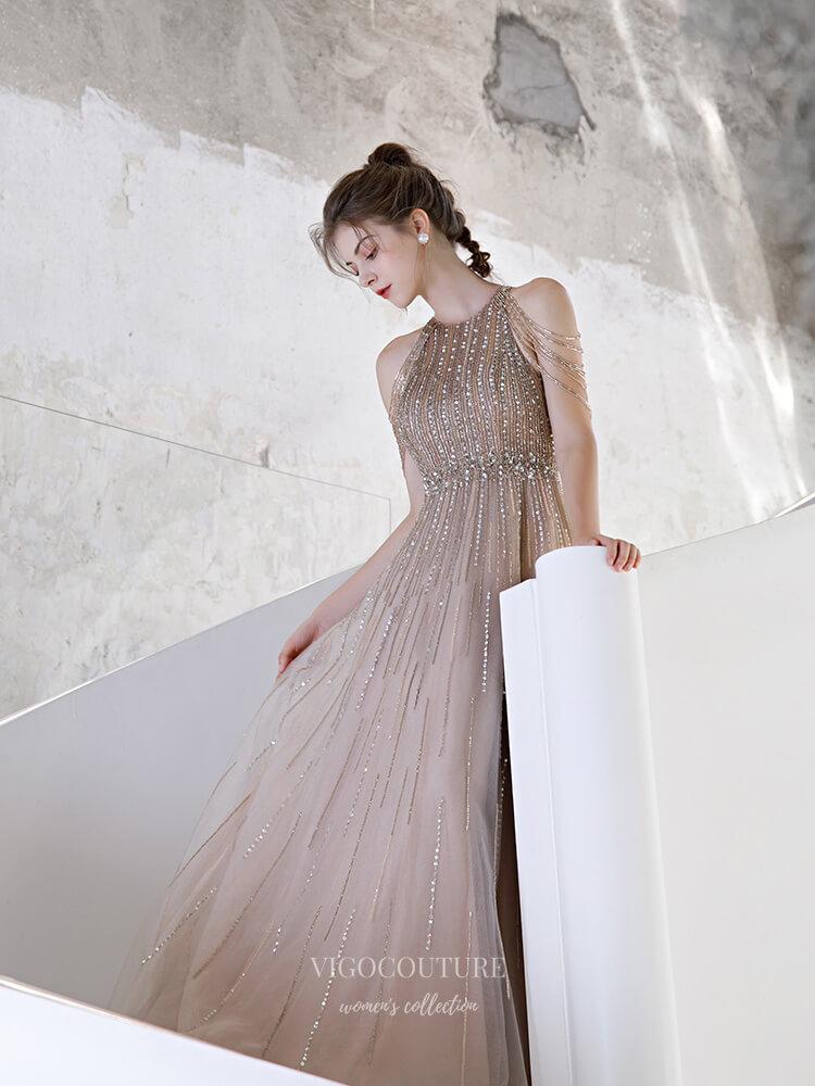 Prom Dress 2025 Sparkly Beaded String Prom Dress 20154-unique elegant Prom Dresses-Khaki-US2-vigocouture