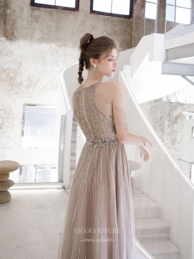 Prom Dress 2025 Sparkly Beaded String Prom Dress 20154-unique elegant Prom Dresses-Khaki-US2-vigocouture