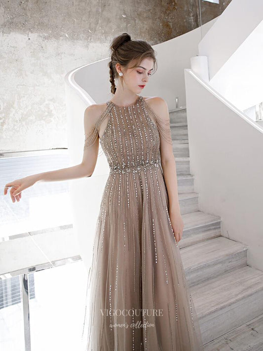 Prom Dress 2025 Sparkly Beaded String Prom Dress 20154-unique elegant Prom Dresses-Khaki-US2-vigocouture