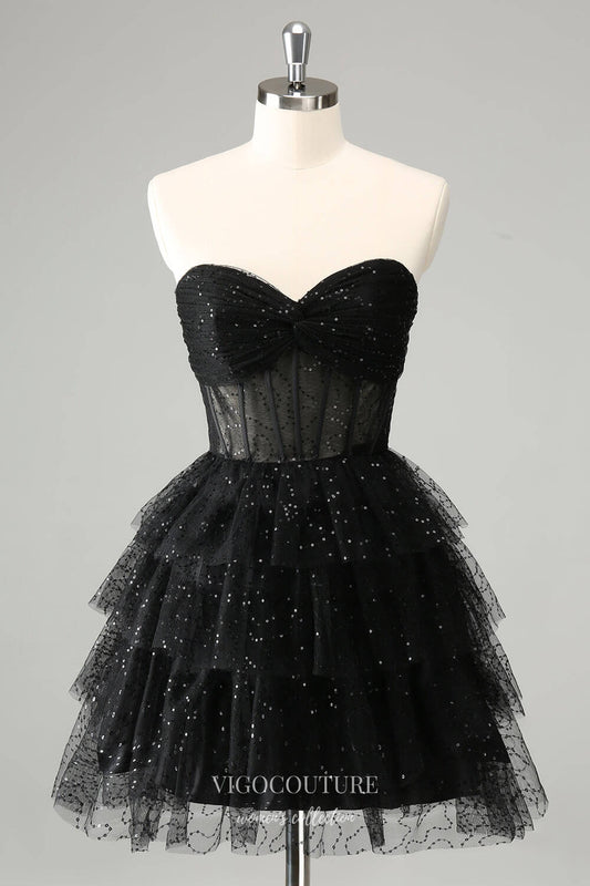 Short Prom Dresses 2025 Sparkly Black Tiered Homecoming Dresses Sweetheart Strapless Back to School Dress hc390-Prom Dresses-vigocouture-Black-Custom Size-vigocouture