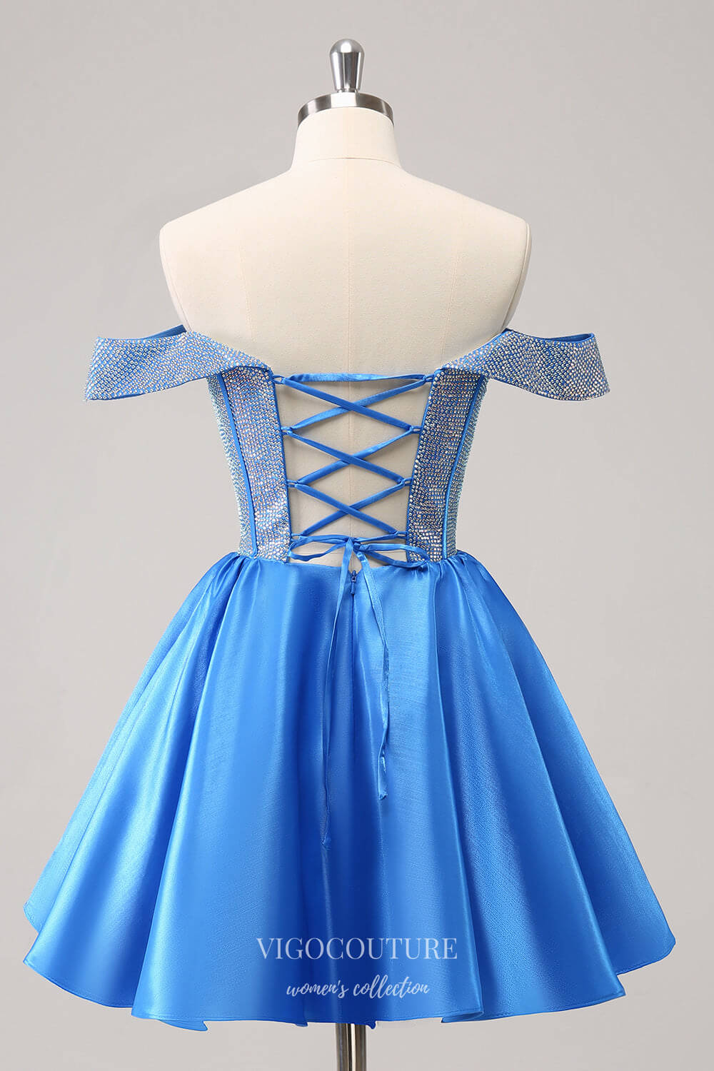 Sparkly Blue A-Line Off the Shoulder Homecoming Dress Beaded Satin Bac vigocouture Sparkly Blue A-Line Off the Shoulder Homecoming Dress Beaded Satin Bac vigocouture