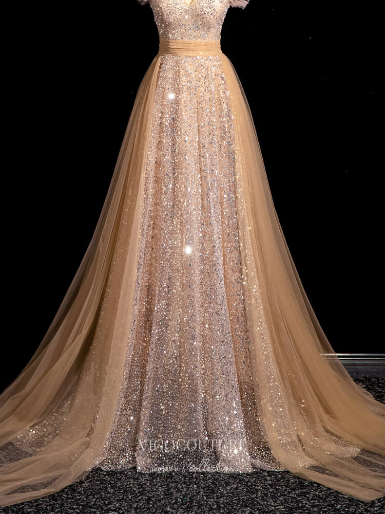 Sparkly Champagne Sequin Lace Prom Dresses Overskirt V-Neck Formal Gow vigocouture Sparkly Champagne Sequin Lace Prom Dresses Overskirt V-Neck Formal Gow vigocouture