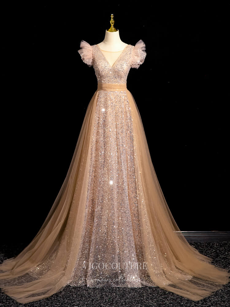 Prom Dress 2025 Sparkly Champagne Sequin Lace Prom Dresses Overskirt V-Neck Formal Gown 24378-unique elegant Prom Dresses-Champagne-Custom Size-vigocouture