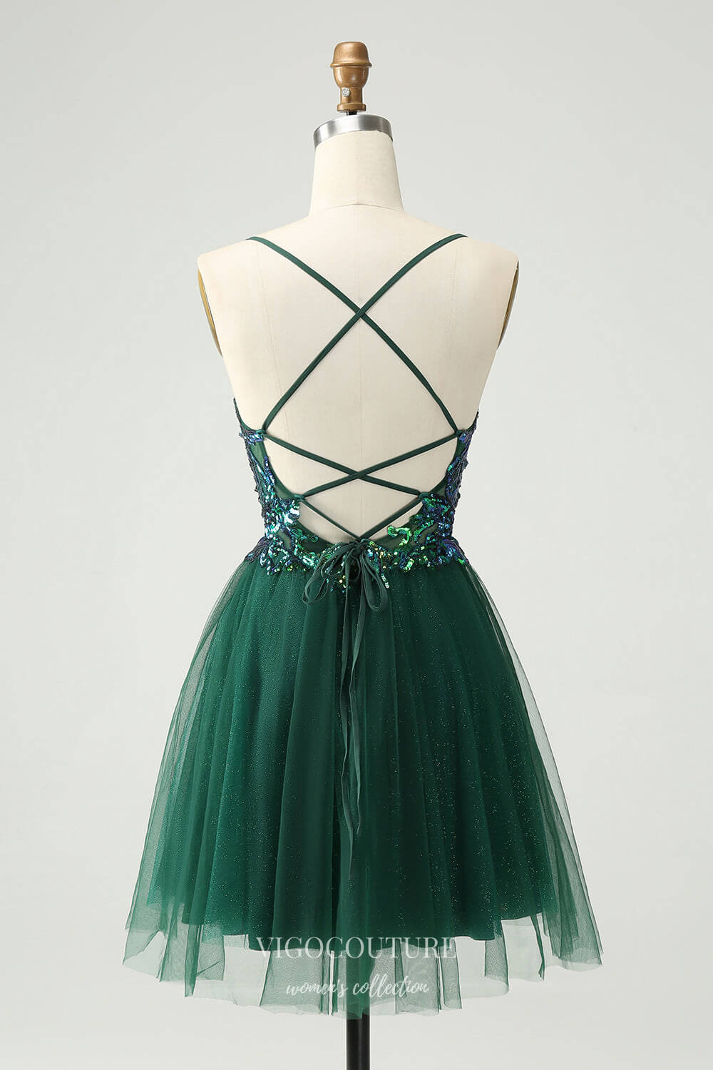 Short Prom Dresses 2025 Sparkly Green Spaghetti Strap Homecoming Dresses Lace Applique Back to School Dress hc372-Prom Dresses-vigocouture-vigocouture