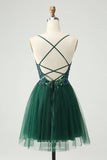 Short Prom Dresses 2025 Sparkly Green Spaghetti Strap Homecoming Dresses Lace Applique Back to School Dress hc372-Prom Dresses-vigocouture-vigocouture