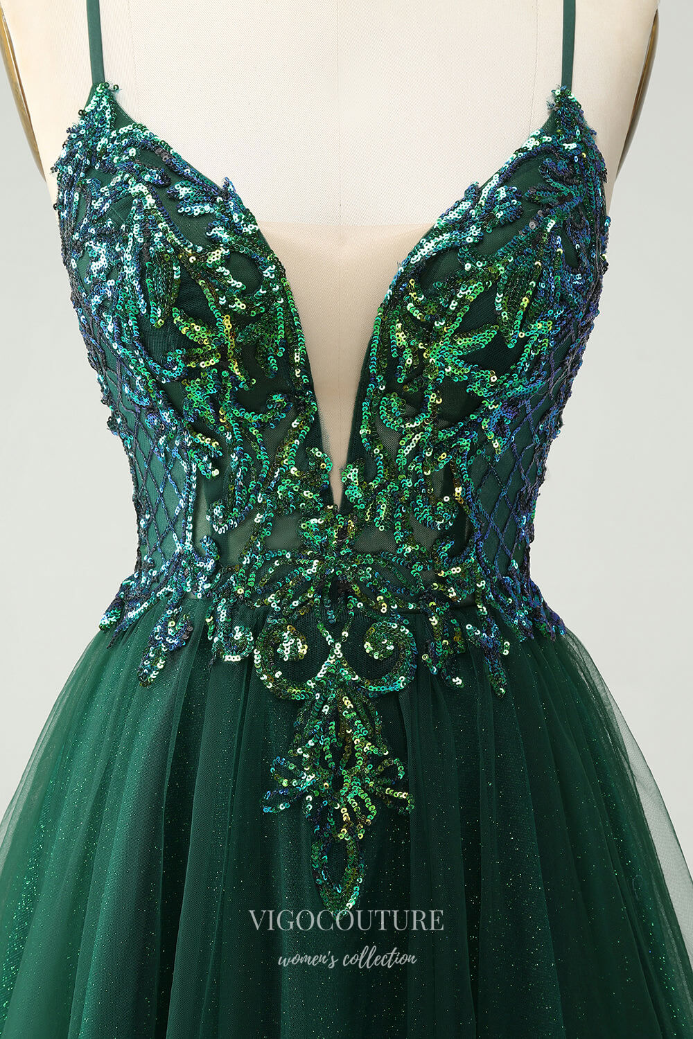 Short Prom Dresses 2025 Sparkly Green Spaghetti Strap Homecoming Dresses Lace Applique Back to School Dress hc372-Prom Dresses-vigocouture-vigocouture