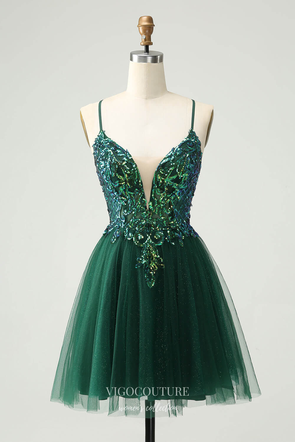 Short Prom Dresses 2025 Sparkly Green Spaghetti Strap Homecoming Dresses Lace Applique Back to School Dress hc372-Prom Dresses-vigocouture-Green-Custom Size-vigocouture